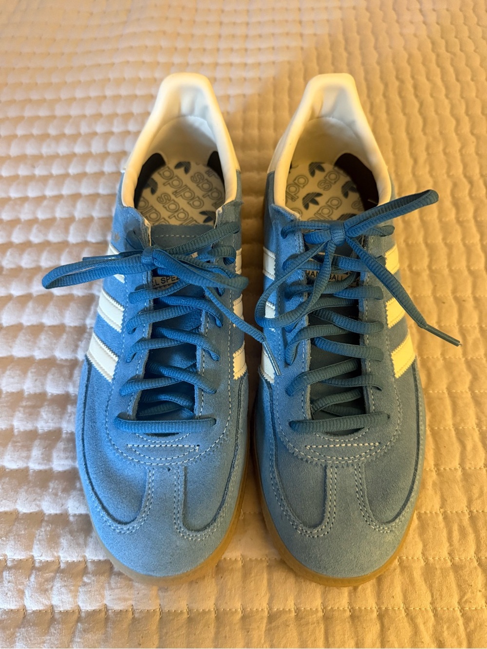 adidas handball spezial Light Blue Suede Sneakers with White Stripes